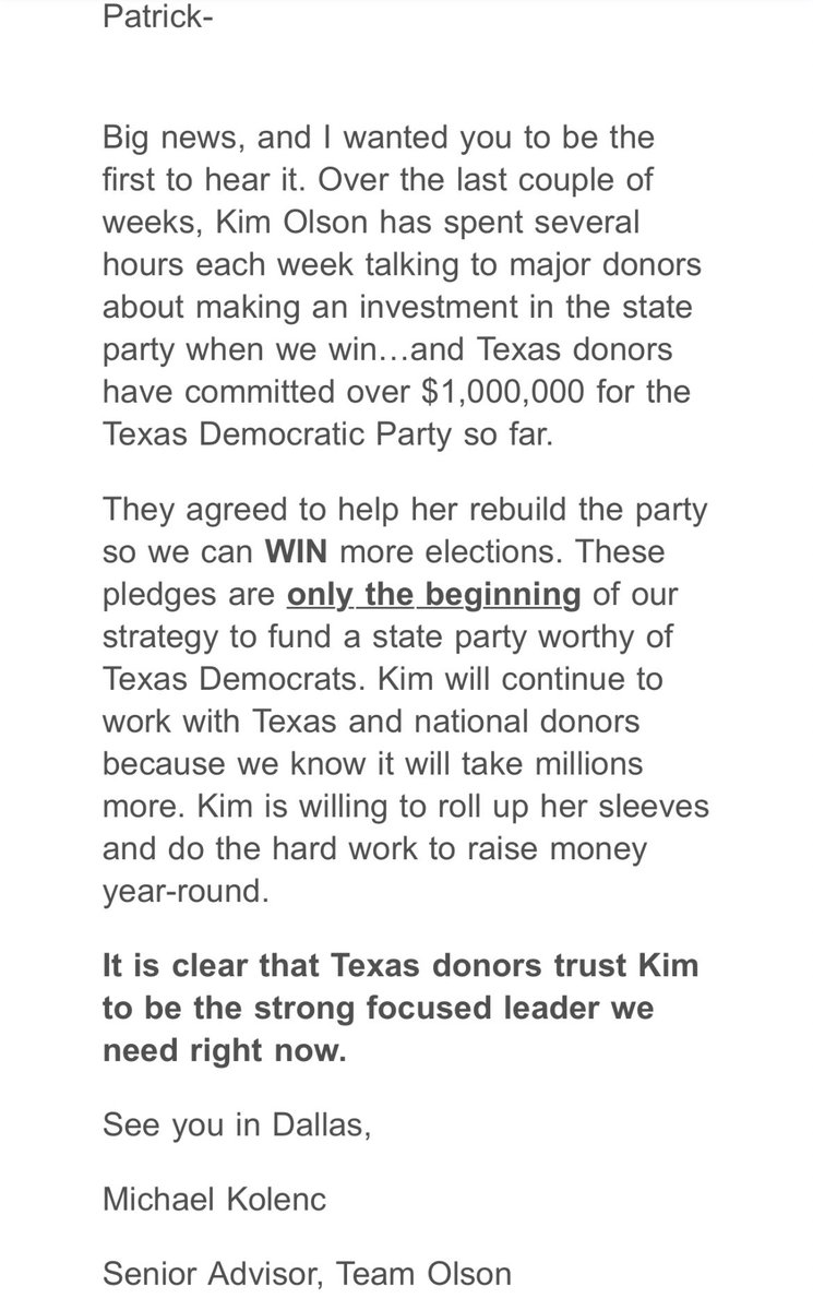 .@KimOlsonTx tells supporters she’s got $1M in commitments if she’s elected @texasdemocrats chair