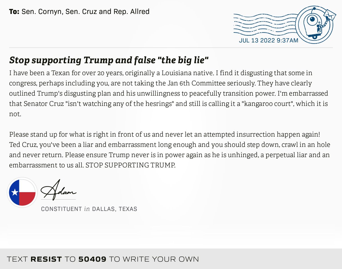 openletterbot's tweet photo. 📬 I delivered “Stop supporting Trump and false "the big lie"” from Adam, a constituent in Dallas, Texas, to @JohnCornyn, @SenTedCruz and @RepColinAllred #TX32 #TXpolitics

📝 Write your own: https://t.co/z5540KFSKD https://t.co/cf4bWhqrii
