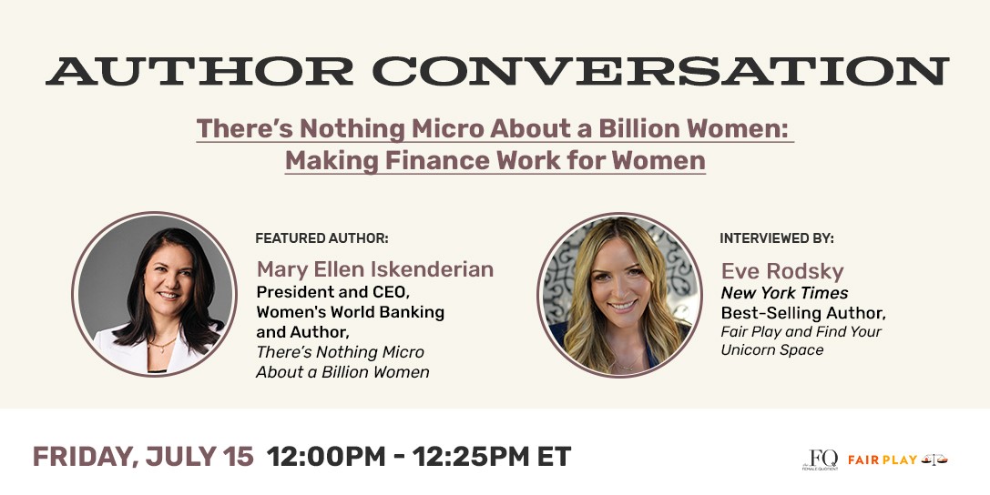 Join me and <a href="/eve_rodsky/">Eve Rodsky</a> (author of #FairPlay) for <a href="/femalequotient/">The Female Quotient</a>'s Author Series this Friday, 7/15 at 12PM EDT! I'm excited to discuss There's Nothing Micro About a Billion Women with such a dedicated champion for #genderequality. bit.ly/3z3NzuE