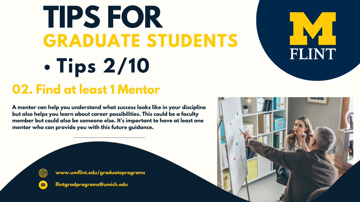 UMFlintGradProg's tweet photo. Tips for Graduate Students - Find at least one mentor in graduate school! #Gradstudent #UMFlint #umflintgrad #gradlife https://t.co/hNQzf6wMlh https://t.co/KnATbypQGT