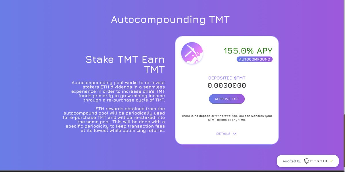 mining_token's tweet photo. It's also a great time to accumulate $TMT!
Buy $TMT at https://t.co/QdUULGcbXn and Stake in the autocompounding pool!

Audited by @CertiK 
#BNB #BNBchain #Ethereum #ETH #USDT #DeFi #yields #Binance #BinanceSmartChain #BTC #Crypto #Cryptos https://t.co/ojctFPNTTi