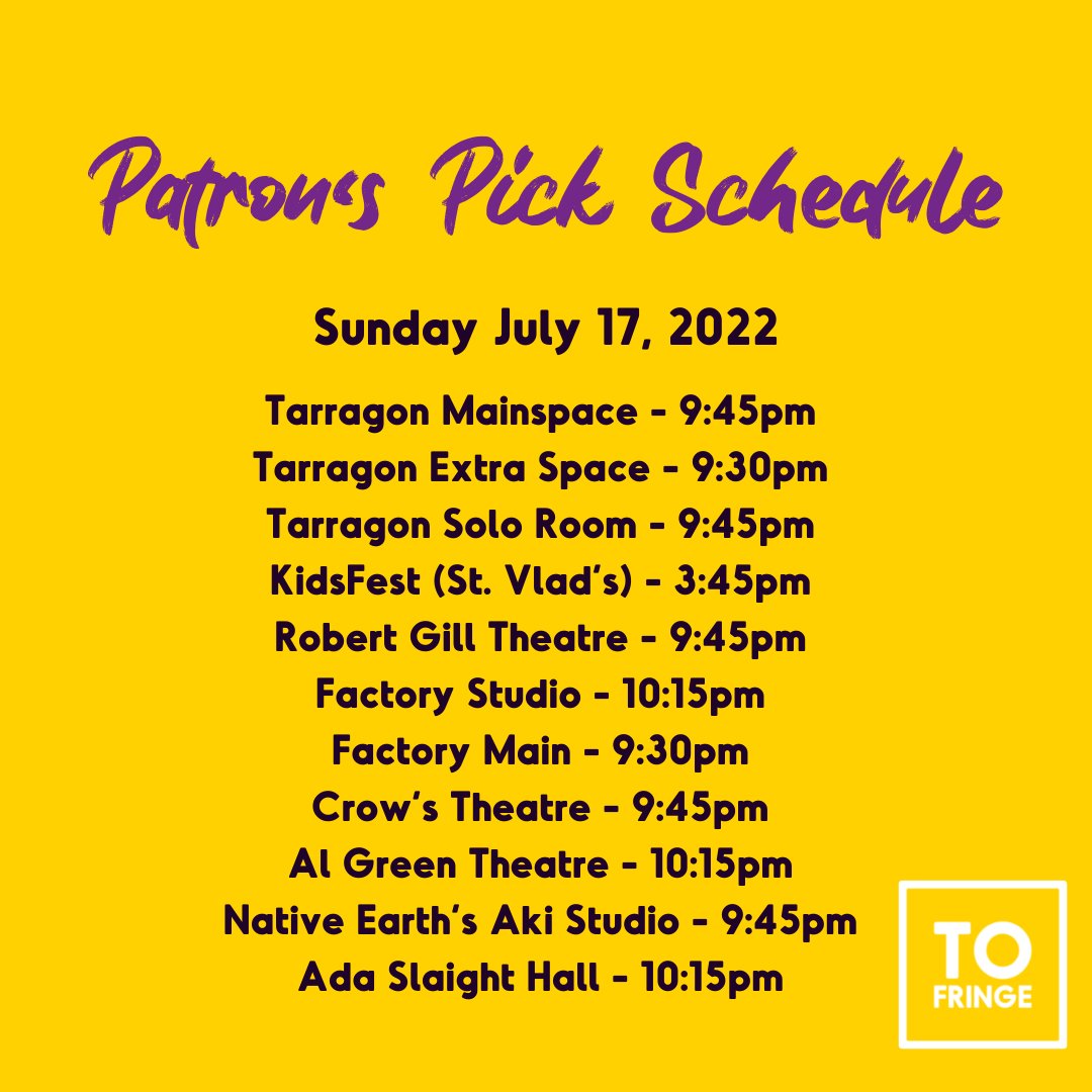 Toronto_Fringe's tweet photo. Mark your calendars!

Patron’s Pick winners will be announced at our Awards Ceremony at PS: Patio at The Tranzac on Friday, July 15: 6pm - 8pm. #FringeTO https://t.co/J9APDlTP6e