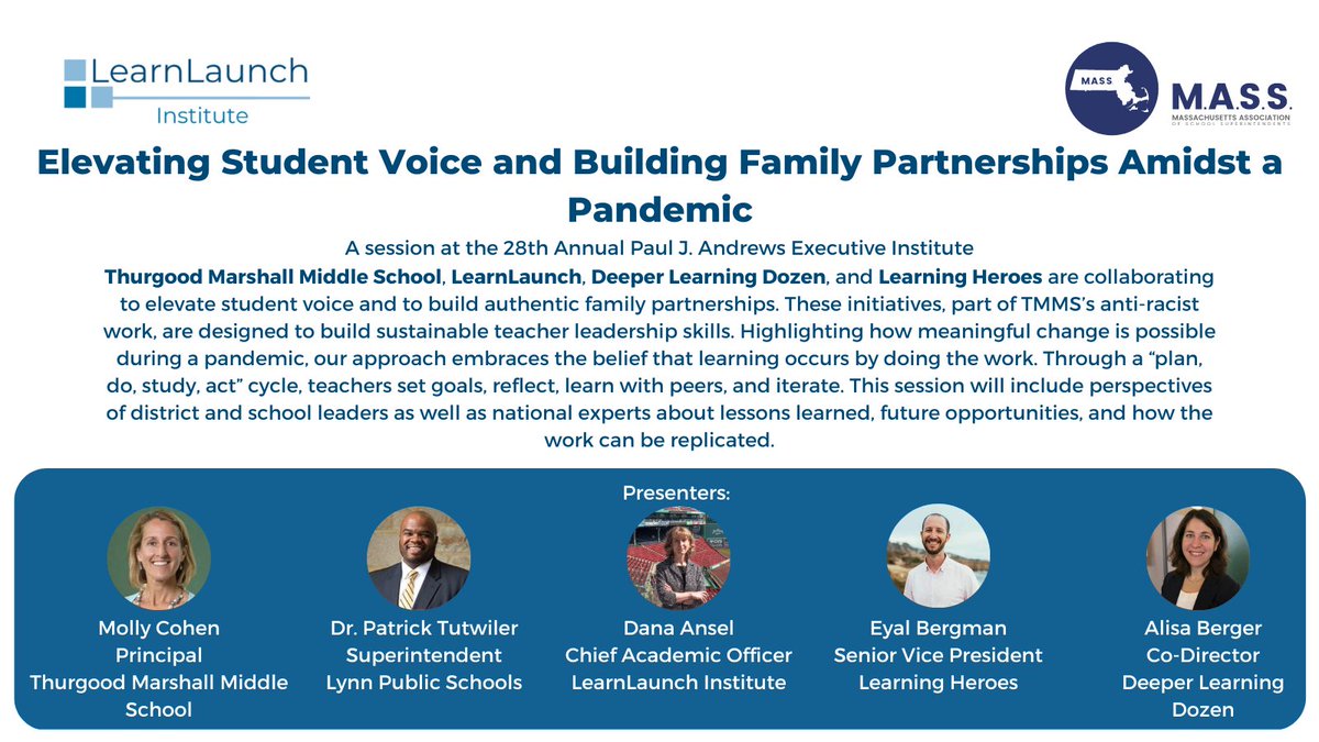 Join us in Library Area 1 at <a href="/massupt/">M.A.S.S.</a> for the panel, Elevating Student Voice &amp; Building Family Partnerships Amidst a Pandemic! We will be discussing our work at the Thurgood Marshall Middle School to elevate student voice &amp; build family partnerships at 1:45. Stop by &amp; listen in!