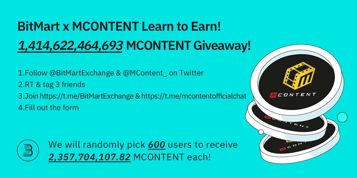 🚀To celebrate #1YearAnniversary of <a href="/MContent_/">MContent</a> ,join to win 1,414,622,464,693 MCONTENT 
 
1⃣Follow <a href="/BitMartExchange/">BitMart</a> &amp; <a href="/MContent_/">MContent</a>
2⃣RT &amp; tag 3frds
3⃣Join t.me/BitMartExchange
4⃣Fill forms.gle/cmHRLeaiwUzaLo… 
 
💎600 lucky winners receive 2,357,704,107 MCONTENT each!
⏰By July 18