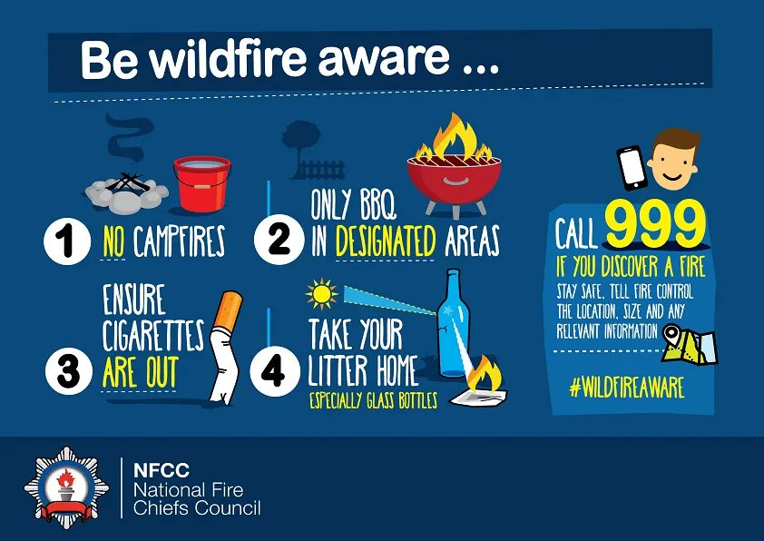 With increased heat comes the increased risk of 🔥 wildfire. It’s important to: 

🚬 Not discard cigarettes in the countryside or in fields.

🥛 Clear away bottles, glasses and any broken glass to avoid them magnifying the sun and starting a fire. 

1/2