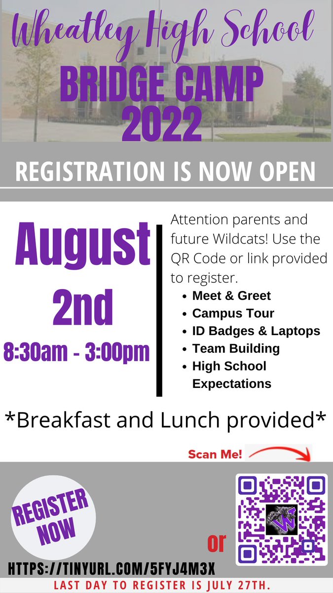 Attention parents and Future Wildcats! On August 2nd, we will host the 2022 Bridge Camp for all incoming 9th graders. Please register using the QR code below or use the provided link. The registration deadline is June 27th. <a href="/flemingvikings/">Fleming Middle School Magnet for Fine Arts</a> <a href="/McReynoldsHISD/">McReynolds MS</a> tinyurl.com/5fyj4m3x