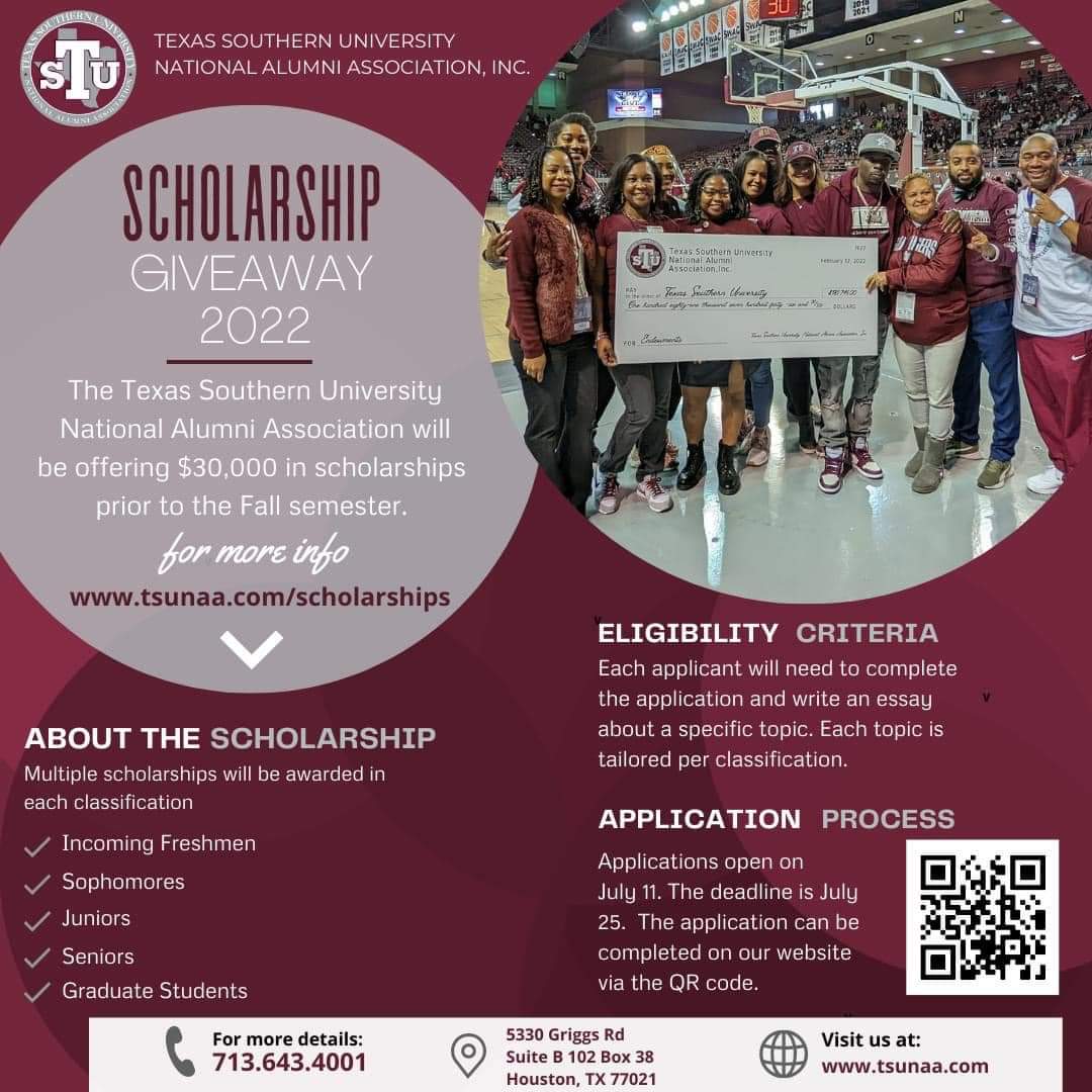 SCHOLARSHIPS ARE AVAILABLE!!!! Do you know an incoming Freshman, Sophomore, Junior, Senior or Grad Student looking for a scholarship? Have them apply for the TSUNAA scholarship today!! tsunaa.com/scholarships
:
#txsunaa #tsunaa #txsualumni #tsualumni #texassouthernalumni