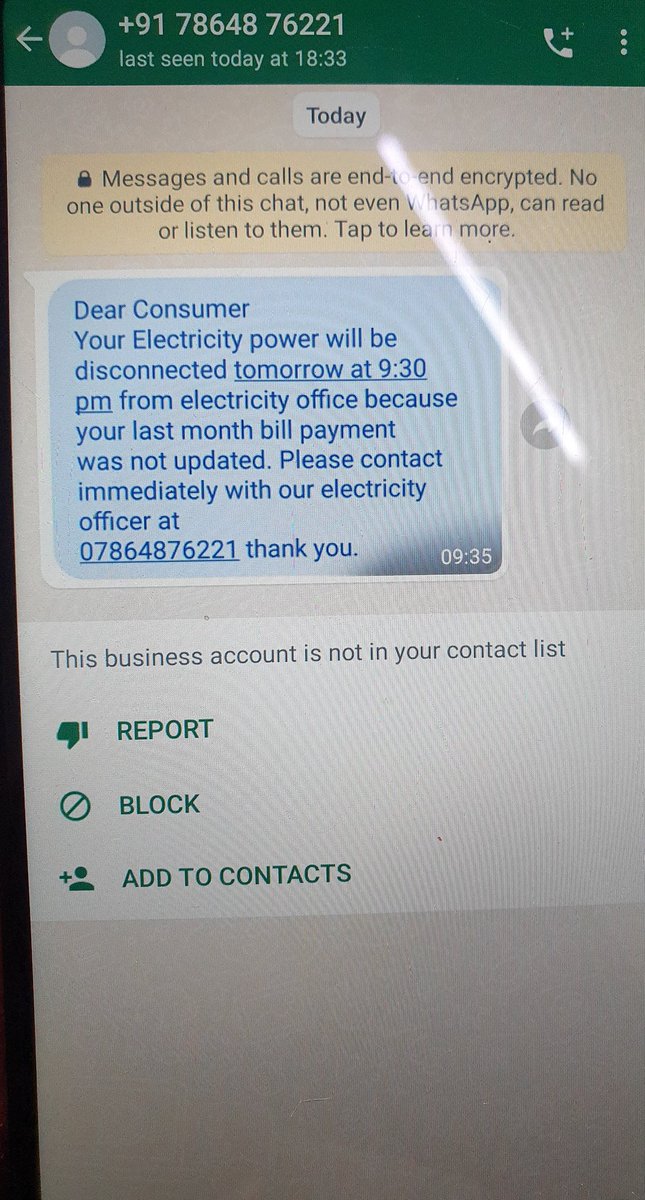 rishibha_singh's tweet photo. #Scam #alert
1. No IVRS / Meter number.
2. Electricity department never sends msg from personal number.
3.Power is disconnected by concerned Lineman..Why will He/She  will work late as 9:30PM just to cut connection
@mpcyberpolice please look into it.... https://t.co/FOeJeC9Fp8