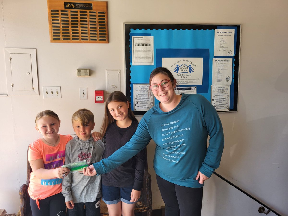 svpssm's tweet photo. So many thanks to these great young kids for helping out their community! Rya London, Maverick &amp; Maci Sharpe, and Aubrey Crosson ran a lemonade stand to raise money for St. Vincent Place. They were able to donate $230! Great work! #sault https://t.co/WMZvrAUFna