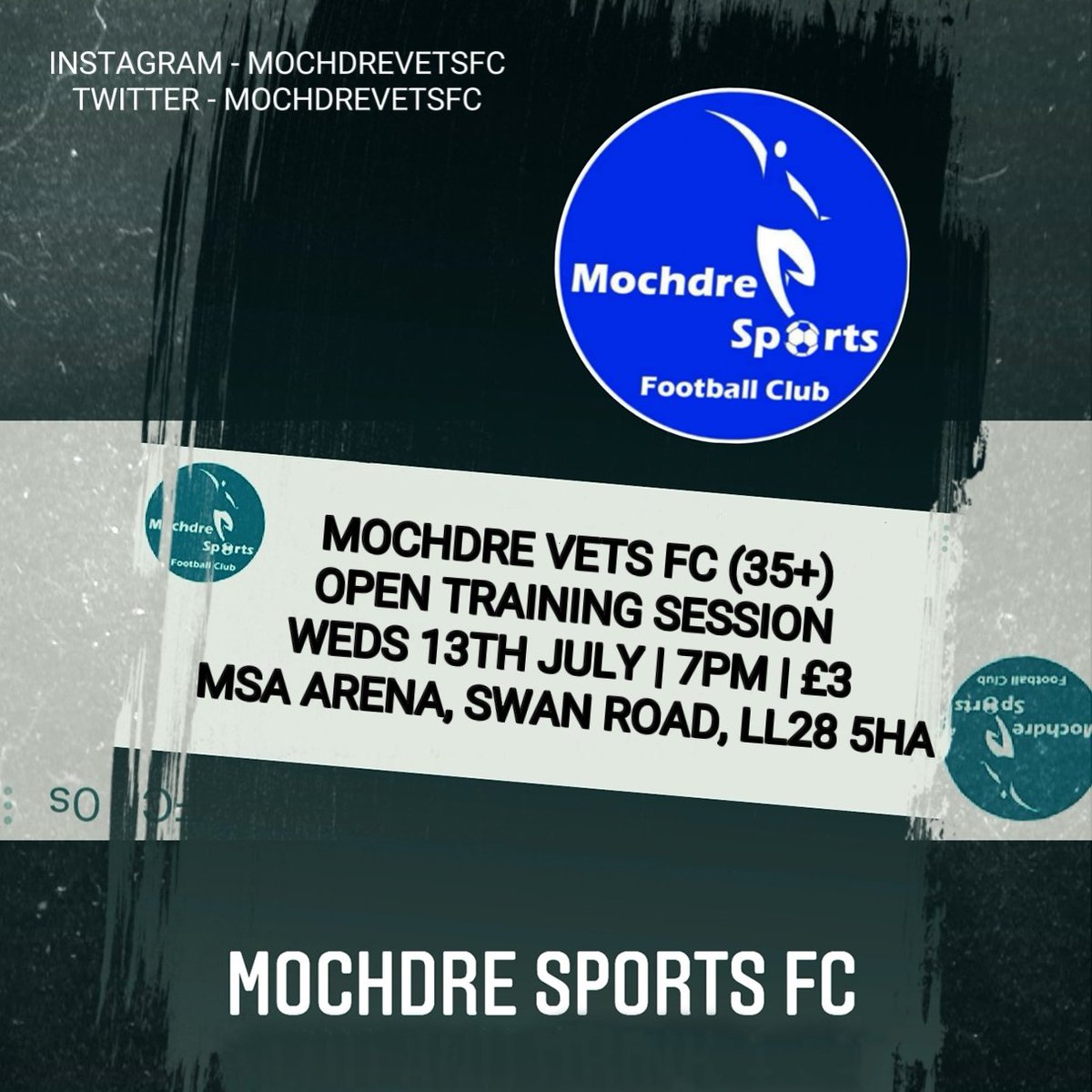 Open training session tonight at the MSA arena for Mochdre Vets FC.  Predominantly over 35s but over 30s welcome as can have two in the squad on matchday.  Message me if interested in coming along!

<a href="/MochdreSports/">Mochdre Sports FC</a> @WalesEast