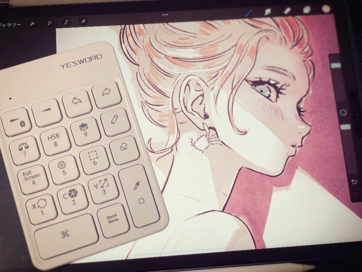 kunitarouart's tweet photo. @yesword_japanさんよりProcreate用左手デバイスをご提供頂きました!✨
・ブラシサイズはノールックで変更!
・レイヤーやパレットもすぐに開ける!
・描く時は全画面ボタンで快適!
という感じで11inchの狭い画面内での操作が億劫だった自分にとって救世主的存在に…!
#YESWORD https://t.co/mwSaZR83AT