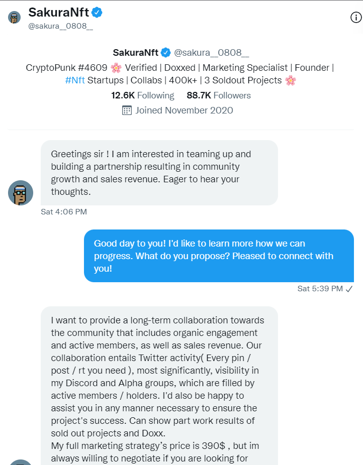 NFT_Broooo's tweet photo. @sakura__0808__  SakuraNFT is a SCAMMER! Beware. This scammer has bought a verified Twitter account and is using it to steal money from people by promising to help them sell their NFT projects. Known Scammers: JackNft ⚡️@NftJack77 &amp; NftAddict @NftAddict_31

#NFT @premiumbusiness https://t.co/QMdMrbWUb9