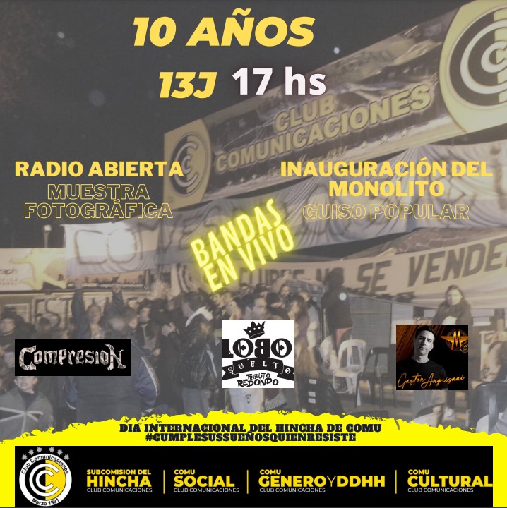 #COMUESDESUSSOCIOS

💪 Se cumplen 10 años de un hito en la vida de COMU, cuando los socios cambiaron para siempre la Historia del Club.

🌓 10 años de la toma, para salvar a Comunicaciones y empezar la recuperación.

🥳 Hoy lo celebramos, como siempre, en NUESTRO Club.