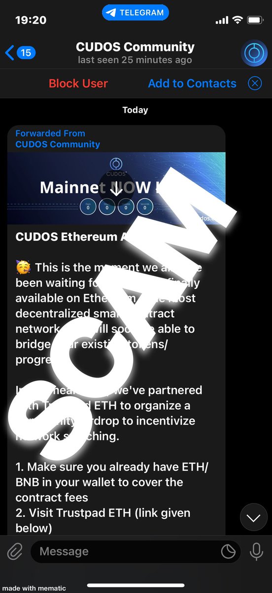 CUDOSCommunity's tweet photo. 🚨SPAM ALERT 🚨

Some spammers are trying to defame the name of #CudosCommunity by promoting the spams to scam #CUDOS holders &amp; believers 

It is probable that you might be added in spam group or have received spammy massage from spammers 

Be carefully with you #CUDOS 

@CUDOS_ https://t.co/tITWp1HqOJ