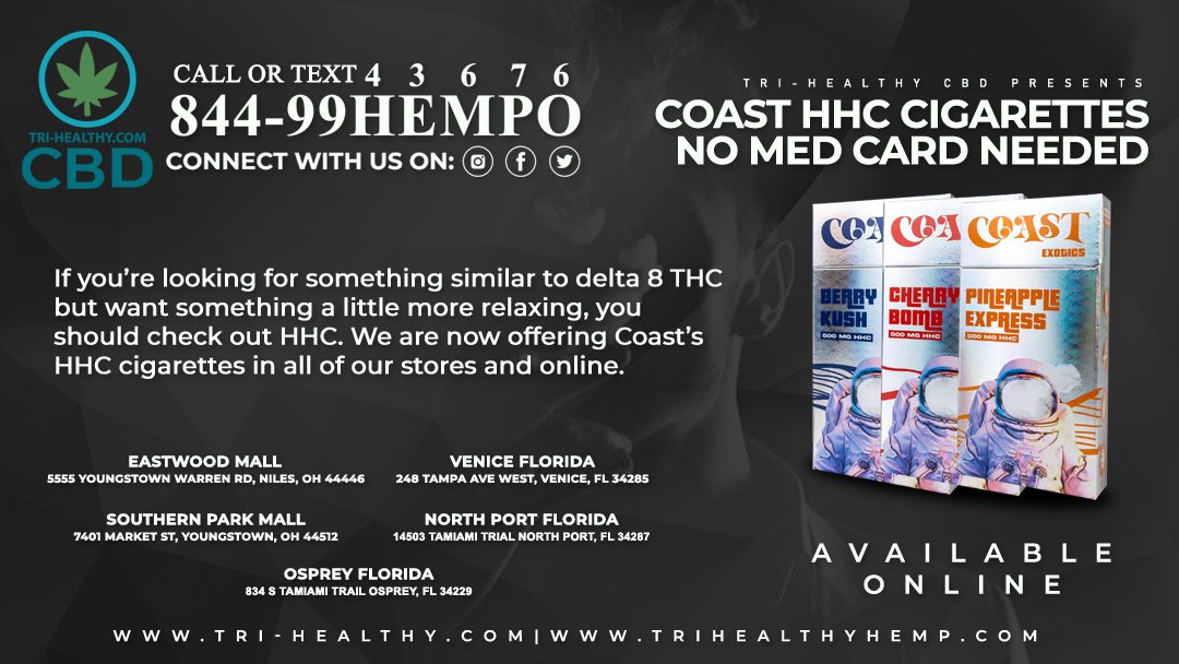 trihealthcbd's tweet photo. HHC smokes now at Tri-Healthy CBD! https://t.co/QQwfIB5SA9 #CoastCigarettes #Coast #HHCCigarettes #BerryKush #CherryBomb #PineappleExpress #Cigarettes #CBDCigarettes #TriHealthyCBD https://t.co/BrDUJgoGV0