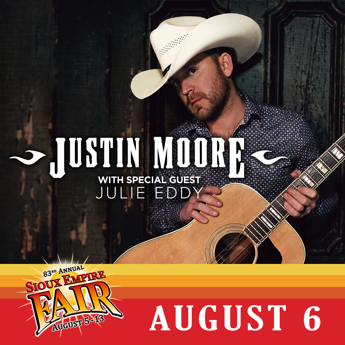 ‼Just Added‼
Rising country artist <a href="/julieeddymusic/">Julie Eddy</a> will be kicking off the show for <a href="/JustinColeMoore/">Justin Moore</a> at the <a href="/SiouxEmpireFair/">Sioux Empire Fair</a> on Saturday, August 6th!
 
Show is FREE with paid fair admission on the Billion Automotive Main Stage! 

Purchase Pit Passes at SiouxEmpireFair.com