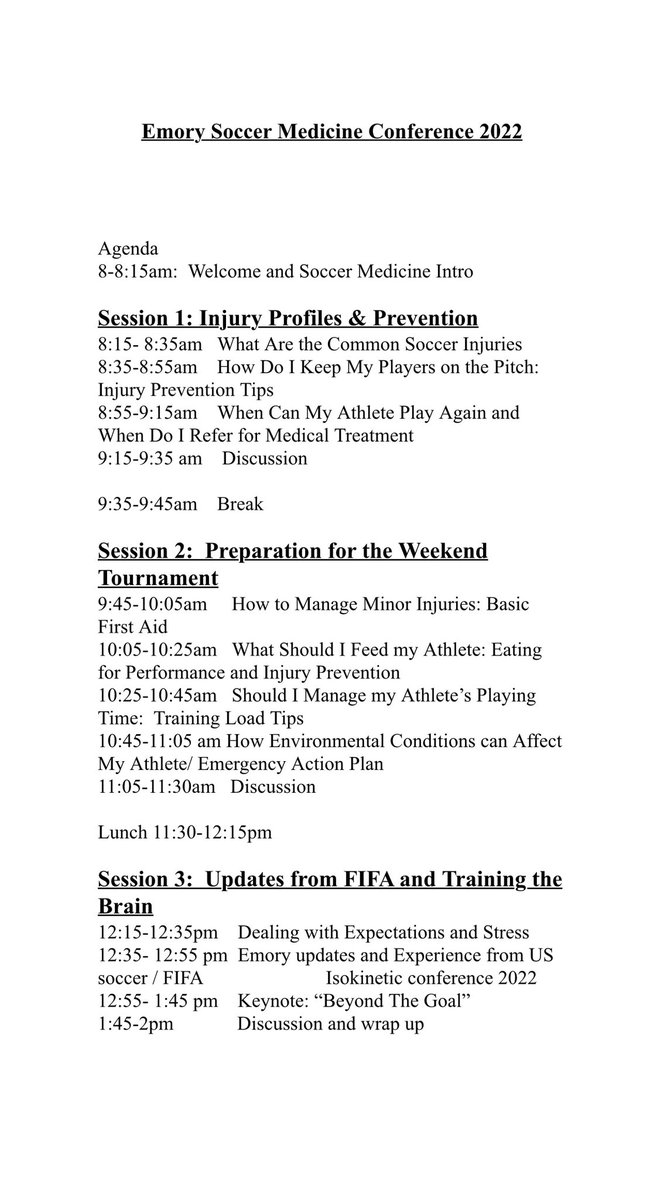 Please join us as the Emory Soccer medicine presents our annual soccer medicine symposium on July 30th. Below is the flyer and agenda for the day. Please sign up if you haven’t. #EmorySoccerMedicine #SportsMedicine #EmoryStrong