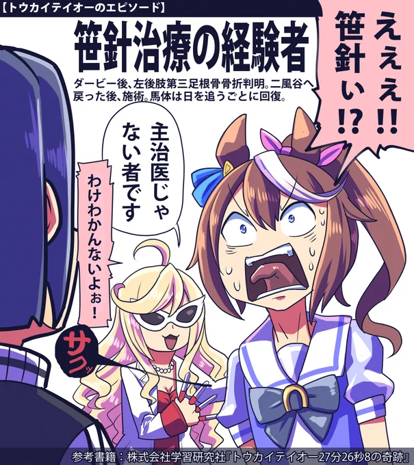 以前トウカイテイオーが笹針施術経験者というイラストを描いたのですが
他の資料を読んでたら施術時期が違う笹針治療の話が出てきました。どうも2回施術してたようです。
ということで修正&追加イラスト描きました。 