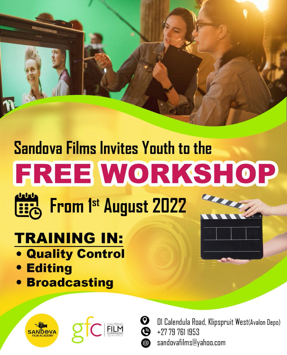 GautengFilmCom's tweet photo. Sandova Films in association with GFC invites young people between the ages of 18-35 to Post-Production Masterclass Workshop scheduled to start on 1 August 2022 and until 13 August 2022.
#GFC2022
#GautengFilmComm
#GrowingGautengTogether
#DiscoverSummit
#DS22 https://t.co/AZSBwjr1Xm