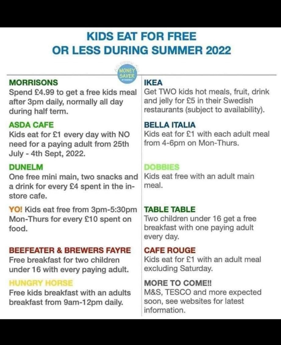 #KidsEatFreeOrLess #Summer2022 participating stores in the help to ease food poverty in the UK. @Morrisons @asda @BeefeaterLondon @caferouge_CO @IKEAUK @Morrisons @YOSushi