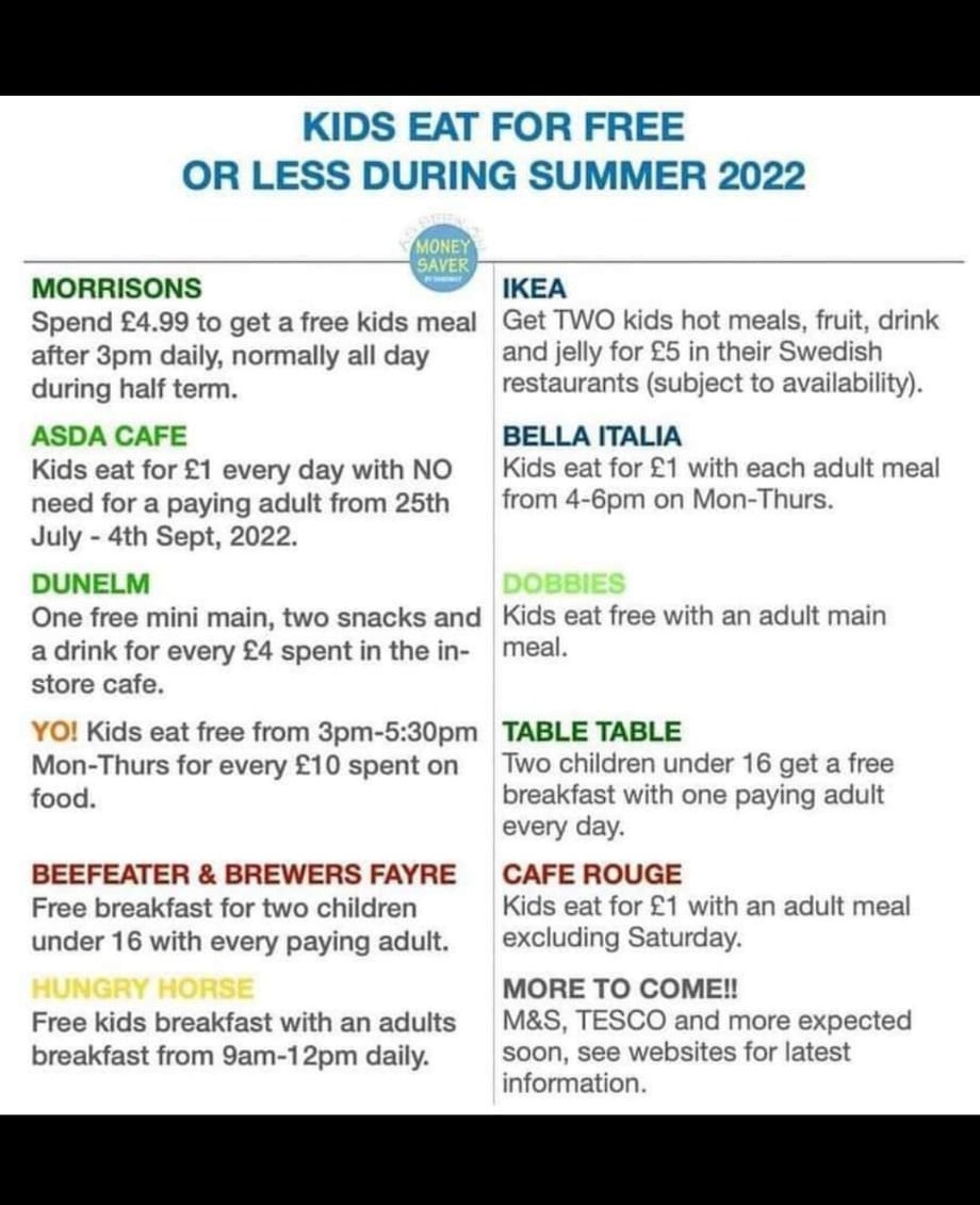 InstigateOnline's tweet image. #KidsEatFreeOrLess #Summer2022 participating stores in the help to ease food poverty in the UK.

@Morrisons 
@asda 
@BeefeaterLondon 
@caferouge_CO 
@IKEAUK 
@Morrisons 
@YOSushi