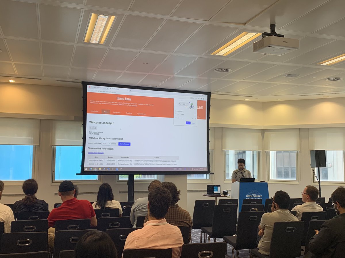 FINOSFoundation's tweet photo. Sebastian Marchand, Taler System - Live demo session on GNU Taler which is a payment system that you can install, modify and use for payments, withdrawals, tips + more. #osfflondon #osfinserv https://t.co/MS2jJFxknZ