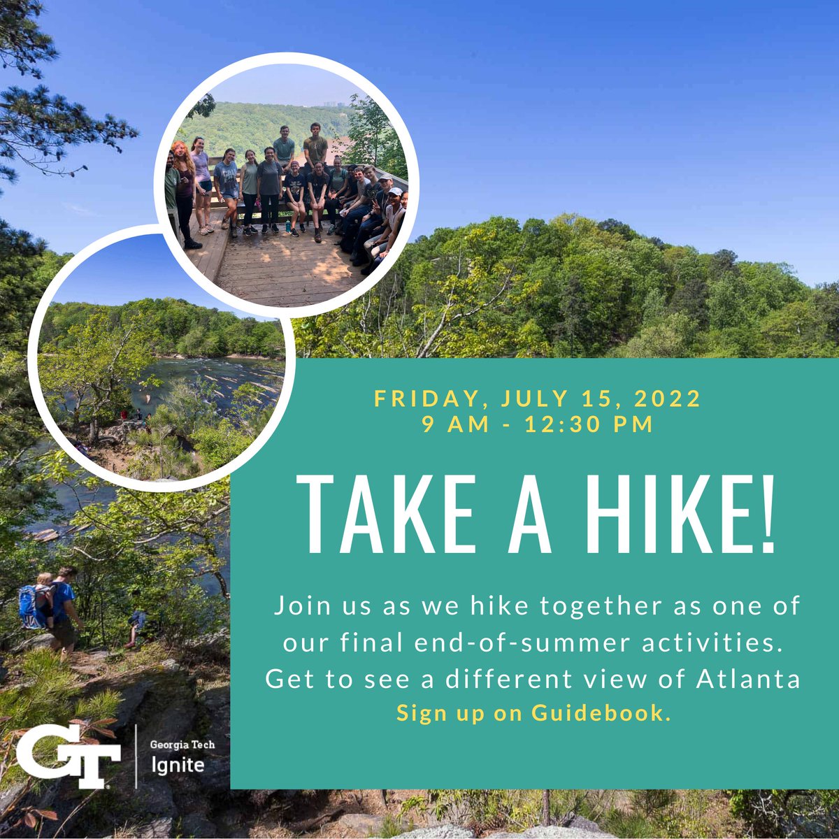 GaTechCAE's tweet photo. Join us Friday, July 15 at 9 am as we hike together as one of our final end-of-summer activities. Get to see a different view of Atlanta. Sign up on Guidebook!

#hike #firstyears #ignite #innovation #research #bonding https://t.co/VZSSmv0gC9