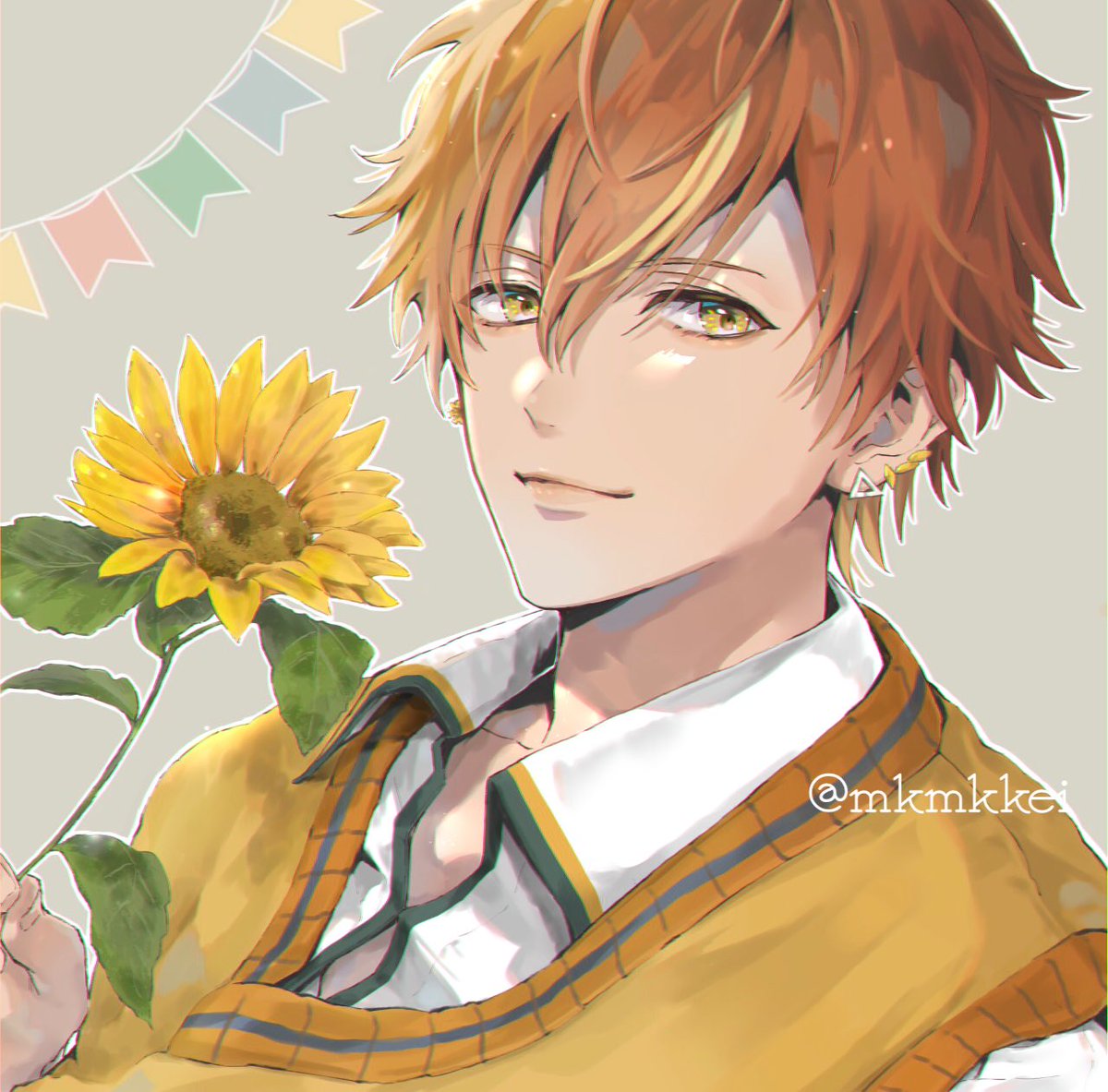 1boy male focus flower sunflower holding flower solo holding  illustration images
