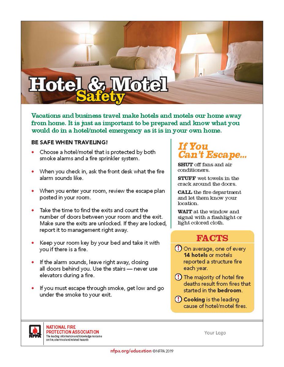 Vacations make hotels and motels a home away from home. It is just as important to be prepared and know what you would do in a hotel/motel emergency as it is in your own home. Download this safety tip sheet for your next #summervacation: nfpa.social/KFKz50JRSOm