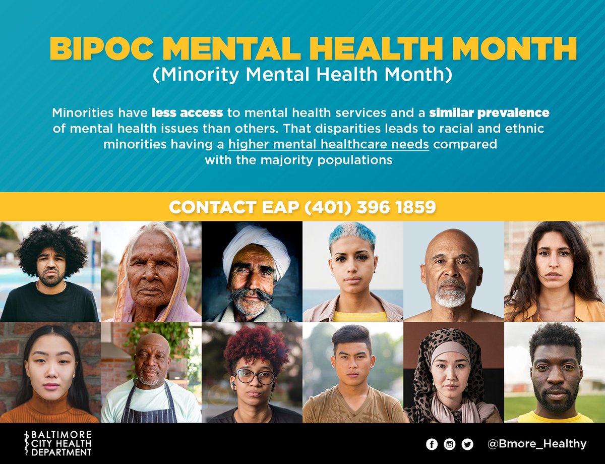 BMore_Healthy's tweet photo. During the month of July, Minority Mental Health Month, highlights the unique struggles that minority communities face. In 2019 AAPIs were 3x less likely to receive mental health services compared to non-hispanic whites.
#BIPOCMentalHealthMonth
.
.
.
#BaltimoreHealth https://t.co/MwN3F1AENc
