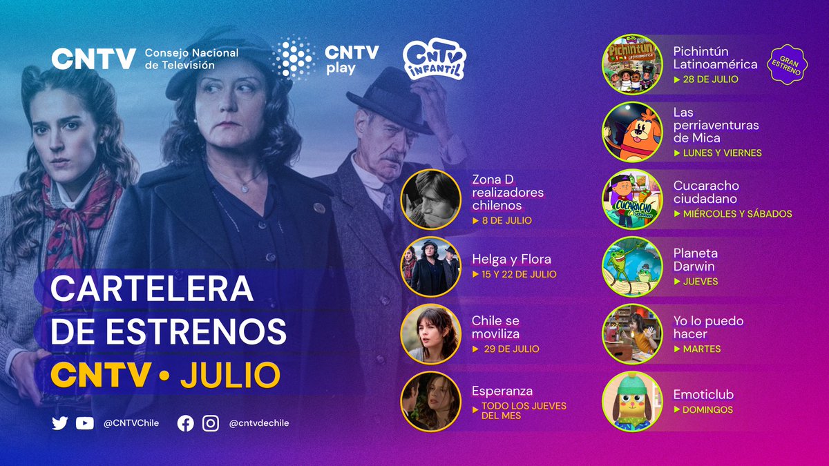 🎥 En este mes de julio estamos realizando distintos estrenos en nuestras plataformas de contenido <a href="/cntvplaycl/">CNTVPlay.cl</a> y <a href="/CNTVInfantil/">CNTV Infantil</a> ¡Te invitamos a disfrutar de estos programas de calidad hechos 100% en Chile! cntv.cl/2022/07/cntv-p…