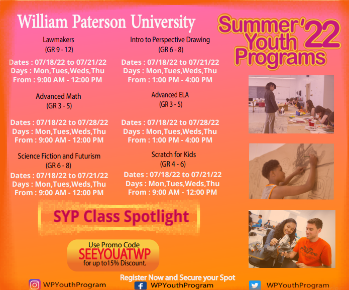 WP Youth Programs (@wpyouthprograms) on Twitter photo The SYP Spotlight of the Week is now available.
If you have questions on how to register or any concerns feel free to email us at YouthPrograms@wpunj.edu or give us a call at 973-720-3804
Visit Our Page: tiny.cc/43htuz The SYP Spotlight of the Week is now available.
If you have questions on how to register or any concerns feel free to email us at YouthPrograms@wpunj.edu or give us a call at 973-720-3804
Visit Our Page: tiny.cc/43htuz
