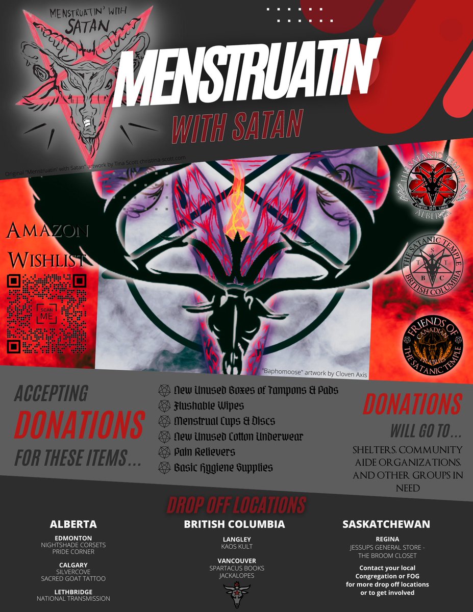 TST congregations in Canada are currently holding Menstruatin' With Satan charity drives! To donate select goods, follow the links for each drop-off location⤵️ British Columbia: amzn.to/3Ivz1Y2 Alberta: amzn.to/3uFatpM Saskatchewan: amzn.to/3Pgj2iL