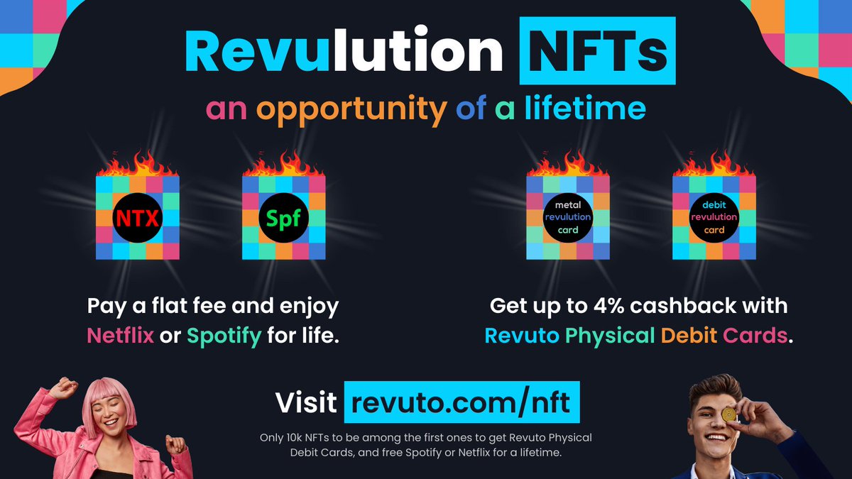 Sale of the most awaited #NFTCollection in 2022 just started on the #Revuto  website!🚀 #Netflix & #Spotify lifetime #NFTs, and #NFT for our Physical # Crypto Debit Cards are now available on our