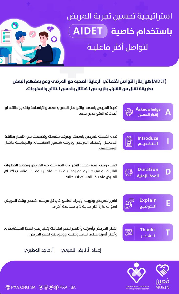 PXA_SA's tweet photo. الخطوات الاساسيه في خاصية AIDET لتحسين تجربة المريض #مُعين https://t.co/15XjXE2LZA