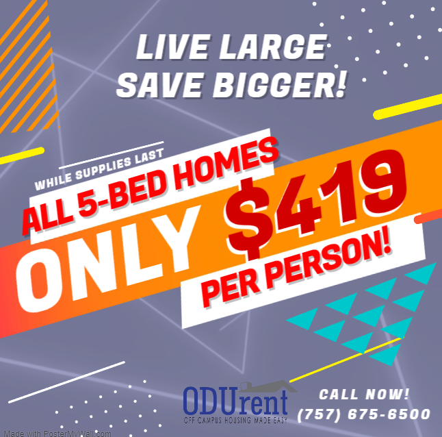 ODUrent's tweet photo. We're going to keep those Summer Savings rolling with our 2 part special! ALL 5-bedroom homes have been dropped to ONLY $419 per person! And they are INDIVIDUAL leases, meaning you do not need a whole 5 people group to book the property!
Call us today to learn more 757-675-6500! https://t.co/wIRfulYvGf