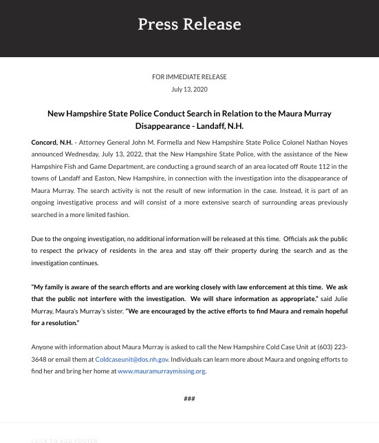 My family is aware of the search efforts today in NH for Maura and are working closely with law enforcement.  We are encouraged and remain hopeful for a resolution. Thank you for all the kind words during this time 💙 #mauramurray mauramurraymissing.org/nhsp-search-la…