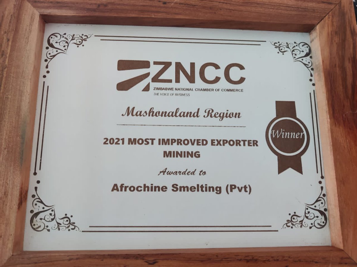 Another award in the bag...
We have just been recognised by the Zimbabwe National Chamber of Commerce <a href="/ZNCCNational/">ZNCC National Office</a> for being 2021 "Most improved exporter (in) Mining". This comes after being named Zimbabwe's largest ferrochrome producer for the same year by <a href="/MinistryMines/">Ministry of Mines and Mining Development, Zimbabwe</a>