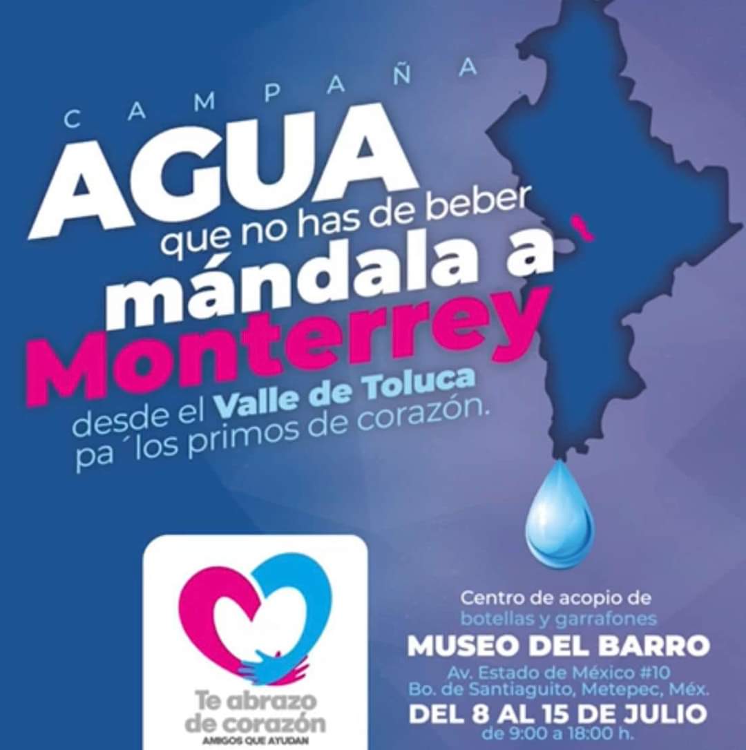 AlonsoHerreraT's tweet photo. #ENTERATEYCOMPARTE
#JuntosJalamosMejor
Participa en la campaña: "Agua Que No Has de Beber Mándala a #Monterrey"
Centro de acopio de botellas y garrafones: Museo del Barro, av. Estado de México #10 Bo. de Santiaguito, Metepec, México.
Del 8 al 15 de julio de 9:00 a 18:00 hrs. https://t.co/EJ1XwzMNBo