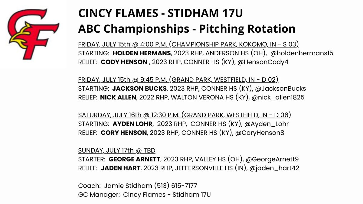 Revised pitching rotation for July 15th - 17th.