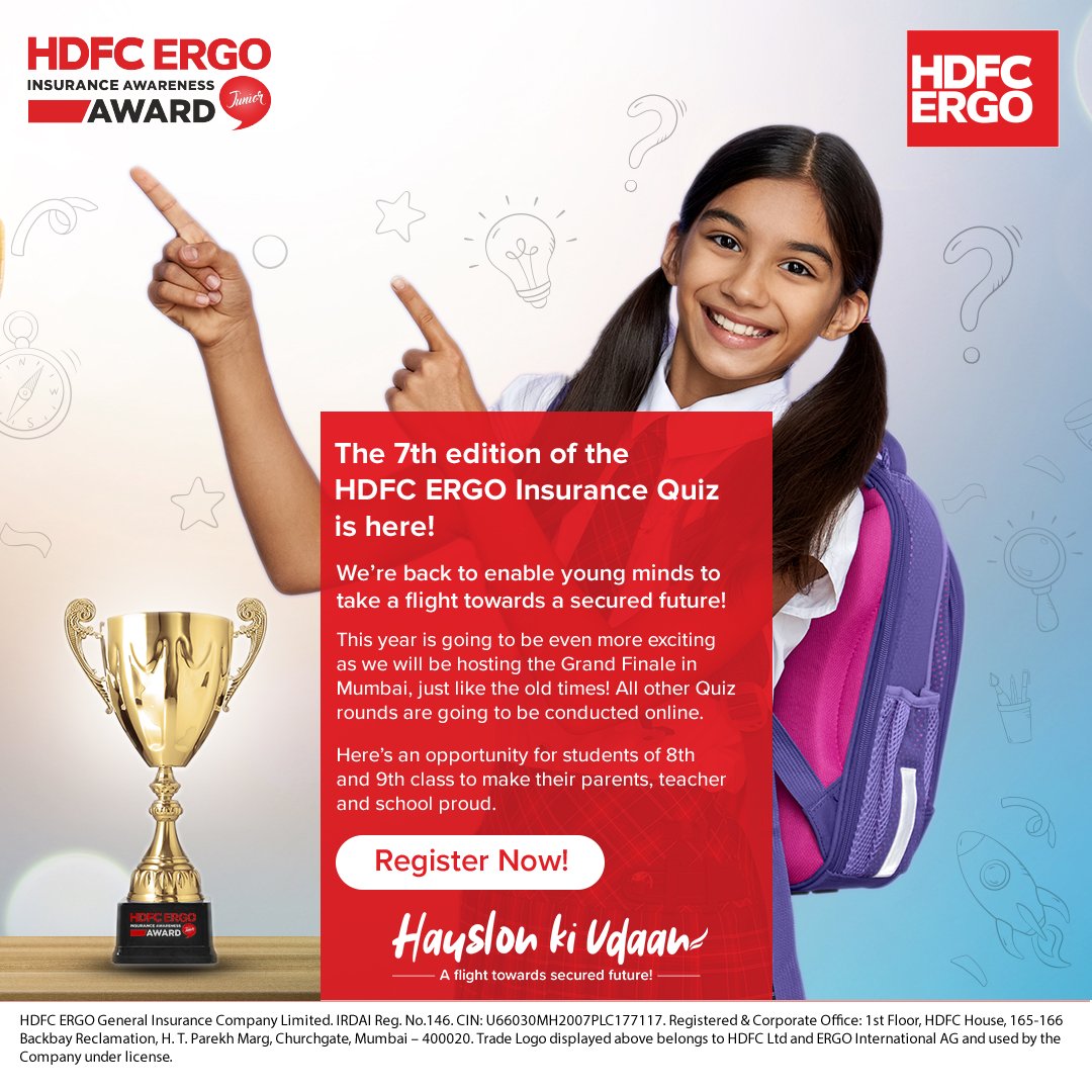 HDFCERGOGIC's tweet photo. We are back with the ‘HDFC ERGO Insurance Awareness Award Quiz - Junior’!
Registrations are now open for 8th/9th Standard Students, register here: https://t.co/XRjNsEwp3N

#InsuranceQuiz #HDFCERGO #HauslonKiUdaan #TowardsSecuredFuture https://t.co/nPMGKO2dbS
