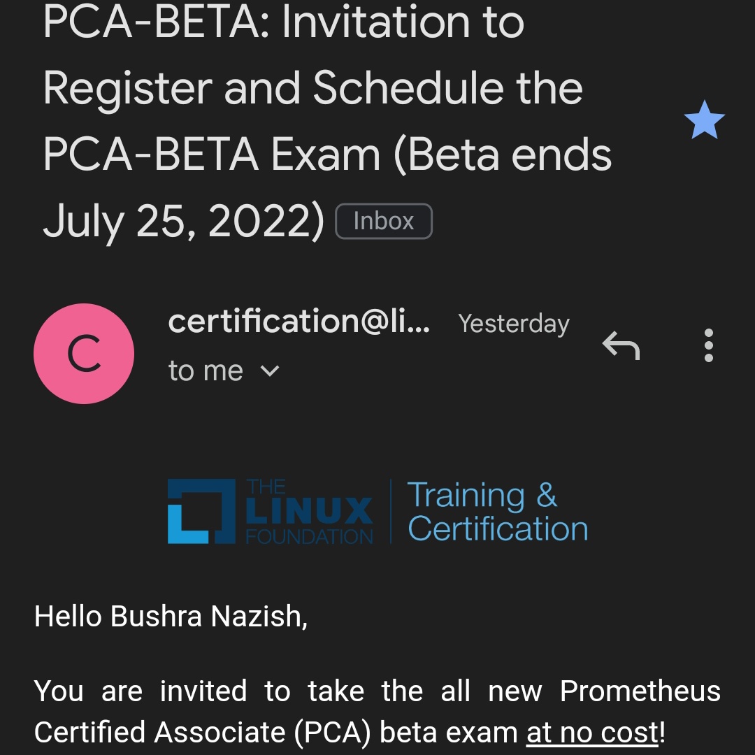 bushra_nazish's tweet photo. Thank you @LF_Training 💫

🎊 Grateful to be invited to take the all new Prometheus Certified Associate (PCA) beta exam at no cost!!

🔴 Would Really Appreciate your help in it Folks if you could guide me with the right resources for this Exam 🙏

Looking Forward to Learnings 🤞 https://t.co/dBnQJIhg2T