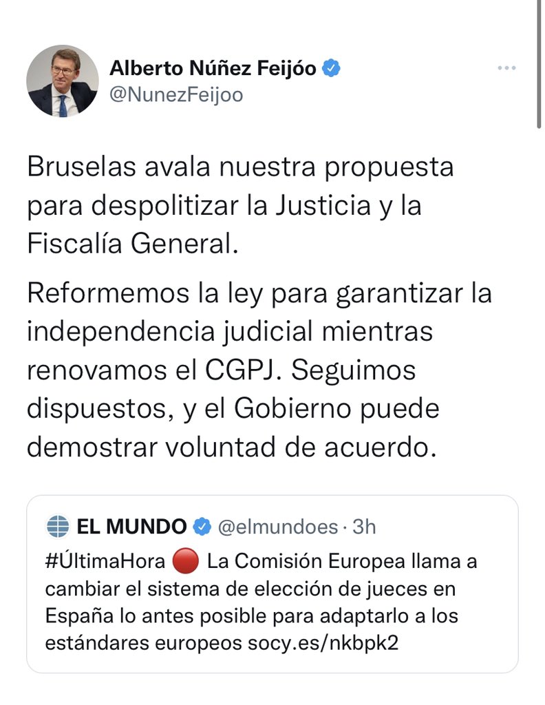 Edmundo Bal (@baledmundo) on Twitter photo -Malgastaron mayorías absolutas sin reformar el CGPJ
-Echaron a Gallardón por pedir que los jueces eligieran a los jueces
-Se jactaban de controlar el Supremo desde atrás
-Hace dos días pedían a Sánchez repartirse los jueces
El viejo PP de siempre con la cara más dura que nunca. -Malgastaron mayorías absolutas sin reformar el CGPJ
-Echaron a Gallardón por pedir que los jueces eligieran a los jueces
-Se jactaban de controlar el Supremo desde atrás
-Hace dos días pedían a Sánchez repartirse los jueces
El viejo PP de siempre con la cara más dura que nunca.