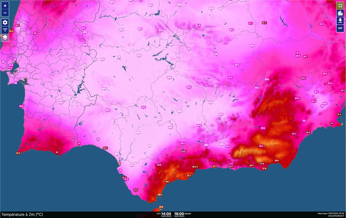 Comme attendu, chaleur extrême sur le sud de la péninsule Ibérique ce mercredi avec à 16h :
44.8°C à Olivenza, 44.6°C à l'aéroport de Séville, 44.3°C à Morón de la Frontera, entre autres... Carte @infoclimat 