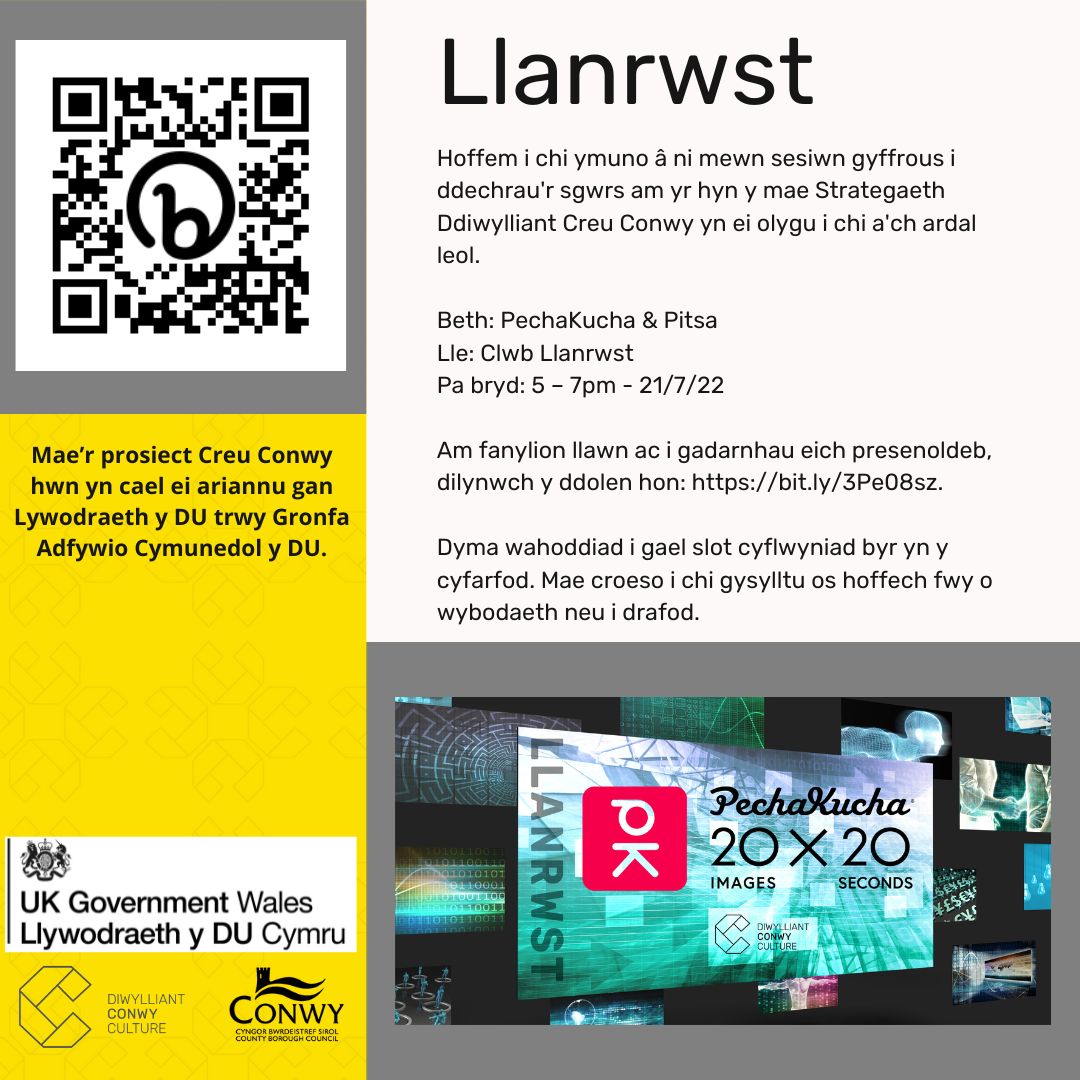 ➡ Llanrwst - Clwb Llanrwst - 5pm-7pm - 21/7/2022

Hoffem i chi ymuno â ni mewn sesiwn gyffrous i ddechrau'r sgwrs am yr hyn y mae Strategaeth Ddiwylliant Creu Conwy yn ei olygu i chi a'ch ardal leol.

bit.ly/3Pe08sz

#creuconwy #llanrwst