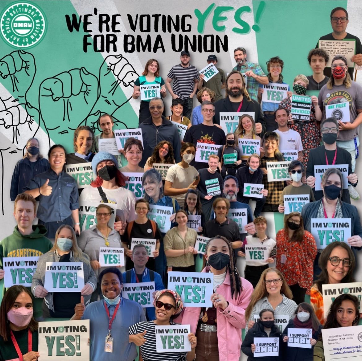 BMAUnion's tweet photo. We are one day out from our union election! We are ready to vote YES- yes for ourselves, our families, our Baltimore community, &amp; our Museum. It’s been a long fight and we are ready to win! 

#bmaunion #bmau #unionyes #baltimore #cwuafscme https://t.co/G8hONHg26K