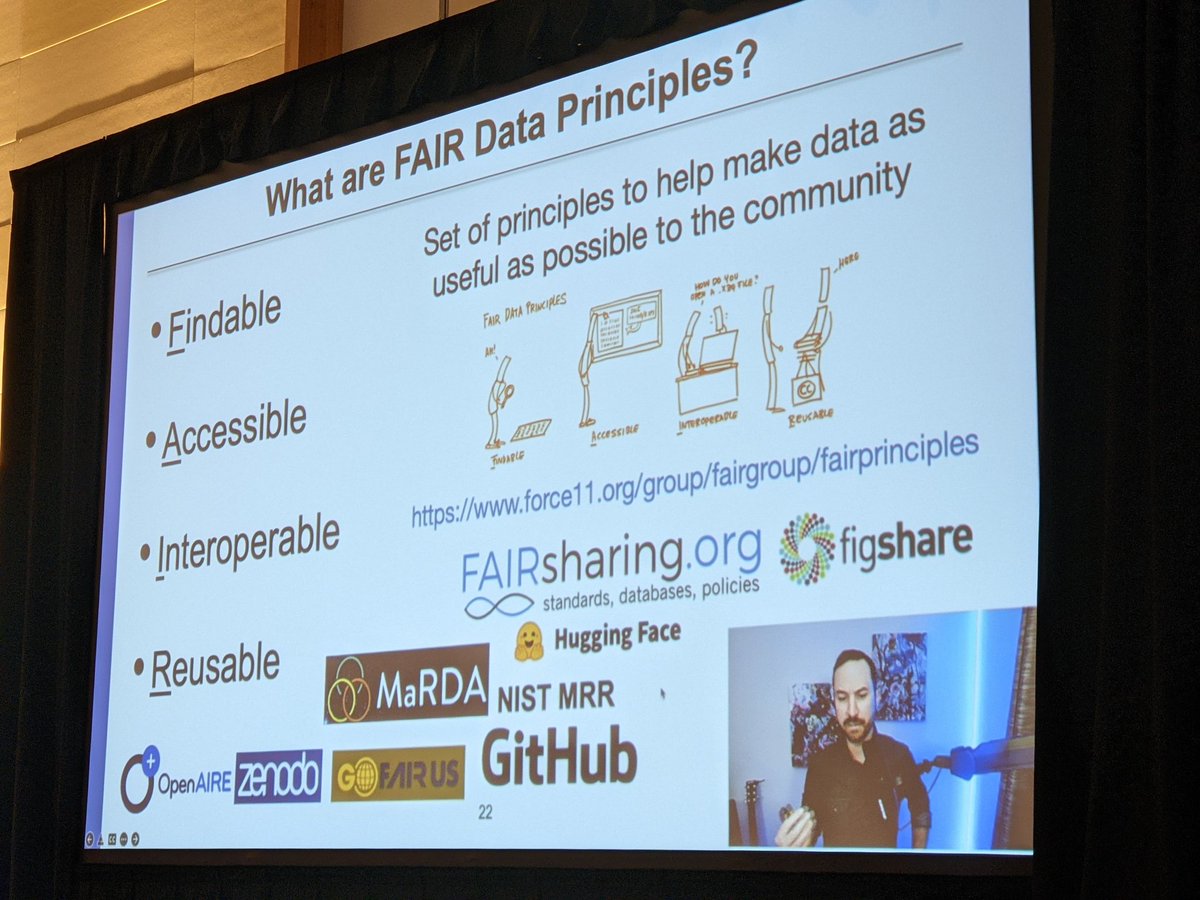 dillonniederhut's tweet photo. The FAIR principles describe necessary conditions for data to be useful to the community, but we're still missing concrete implementations in a lot of cases. 

- @BenBlaiszik at #SciPy2022 https://t.co/dmmrgerYNN