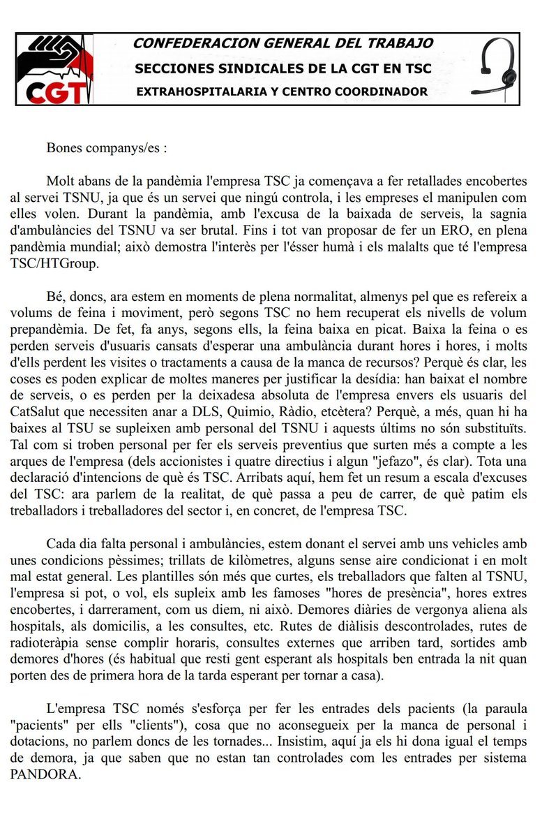 Comunicat conjunt de la CGT al TSC: