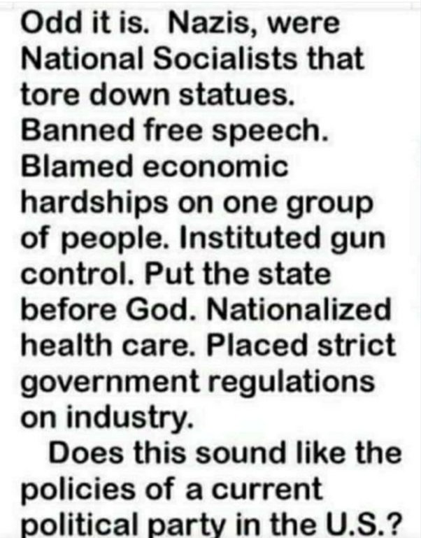 I just don't understand why the ignorant blm/antifa group (many of whom refer to themselves as "Socialist Democrats") say Conservatives are "nazis". DEMS are the ones doing EVERYTHING Nazis did!