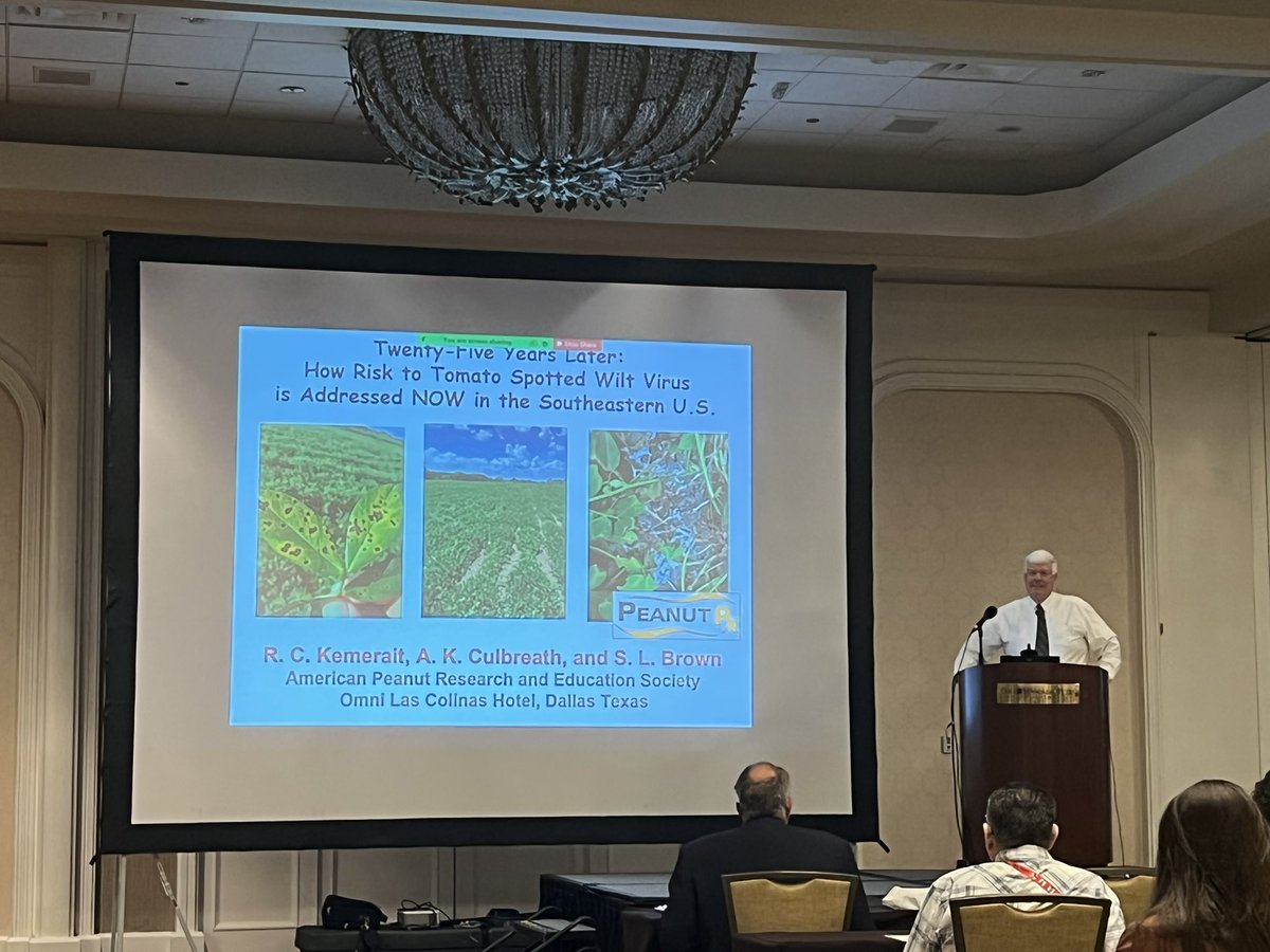 PrecAgEngineer's tweet photo. A great overview of research and extension efforts over the last 25 years on addressing the Tomato Spotted Wilt Virus in peanut by Drs. Steve Brown, Albert Culbreath and Bob Kemerait this morning in the general session of the 54th Annual APRES meeting!! #APRES22 #peanut #TSWV https://t.co/VHWWjwXQdH